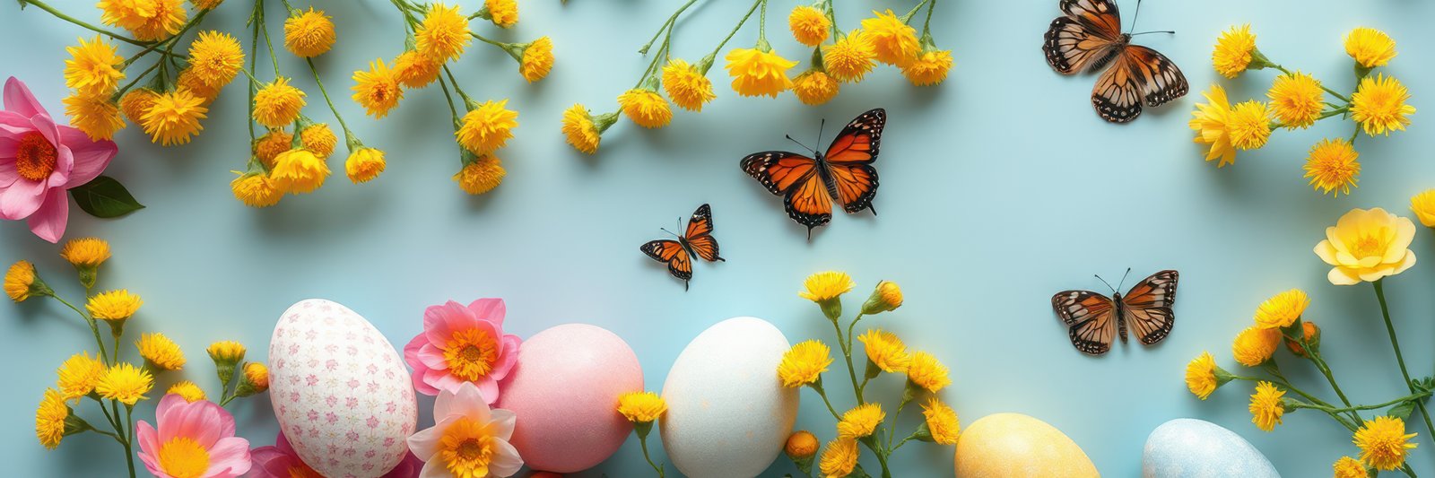 Colorful Easter eggs and lively butterflies among fresh flowers on a spring backdrop